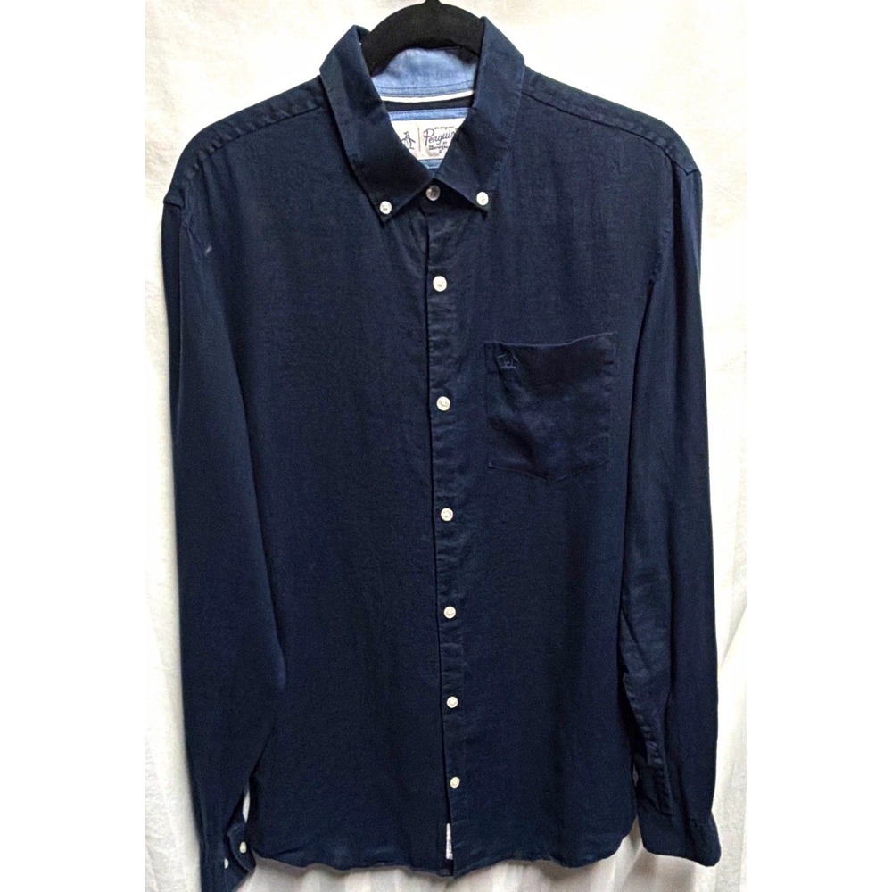 Original Penguin Mens M Navy 100% Linen Woven Button-Down L/S Shirt Pockets Logo